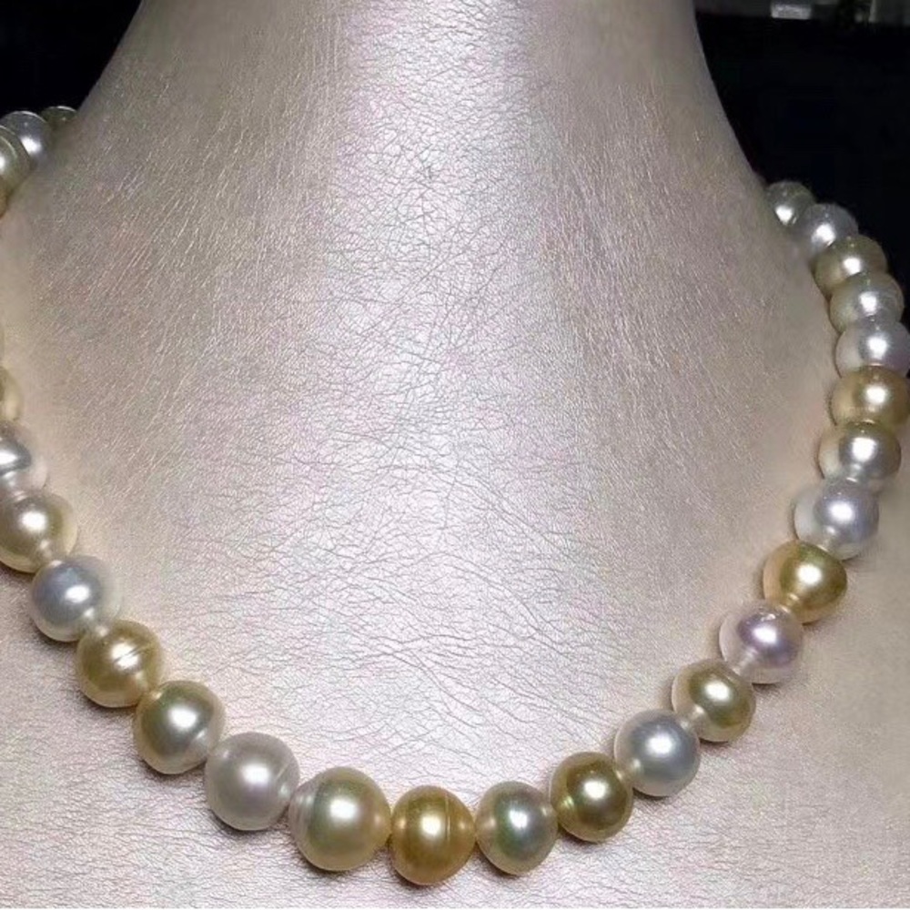 South Sea white and golden near round Pearl necklace with 14K Solid Gold Clasp